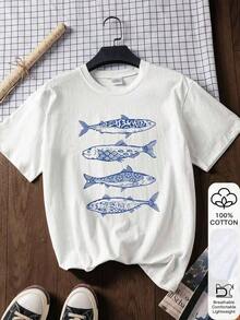 Women's Loose-Fitting T-Shirt With Fish Print, 100% Cotton, White, Short Sleeve, Ideal For Spring Festival, New Year, Valentine's Day Gift, Back To School, First Day Of School, Summer Casual Wear. - 白色 - 查看 5