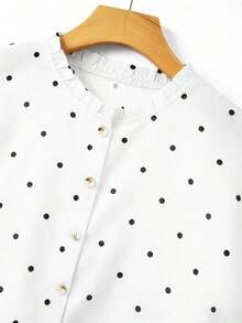 Blusa de mujer con cuello redondo, sin mangas, abotonada, con volantes y estampado de lunares vintage francés, versátil para el trabajo, el té de la tarde y el uso diario, suelta y casual - Blanco - Ver 3