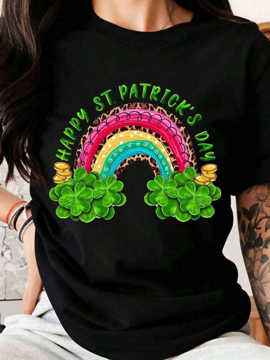 Camiseta de Celebración del Día de San Patricio con Estampado de Leopardo Arcoíris y Trébol para Mujeres, Hombres y Unisex, Estilo Casual - Negro - Ver 1