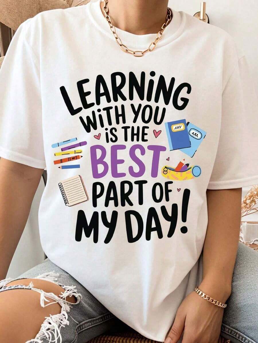 Aprender Contigo Es La Mejor Parte De Mi Día Camiseta De Regalo Para Maestros Y Estudiantes Ropa Escolar Deportiva Ropa Educativa Para Niños Y Adultos Conjunto De Regreso A La Escuela Para Maestros Y Estudiantes - Blanco - Ver 1