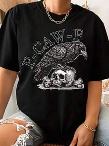 Black T-Shirt With Raven And Skull Graphic, F Caw F Design For Men And Women, Gothic Punk Style, Halloween Costume Top, Fashionable Unisex Streetwear - 黑色 - 查看 6