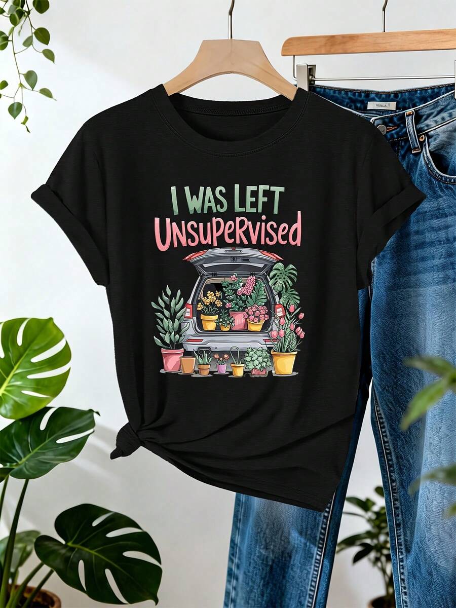 Una camiseta de mujer de manga corta, holgada, moderna, a la moda, retro y elegante, adecuada para actividades al aire libre en primavera y verano, [Camiseta con diseño de coche de dibujos animados y maceta].Maceta con forma de coche en Y, me perdí el foco al lado de las plantas - Camiseta casual de manga corta y cuello redondo para primavera y verano.| Ropa de mujerblusas para mujer,blusas casuales para dama,tops,, mujer premium,y2k,playeras de mujer curvy,ofertas y liquidaciones ropa mujer,playeras deportivas para mujer,,playeras de hombre, mujer,blusas>elegante MMW5 - Negro - Ver 1