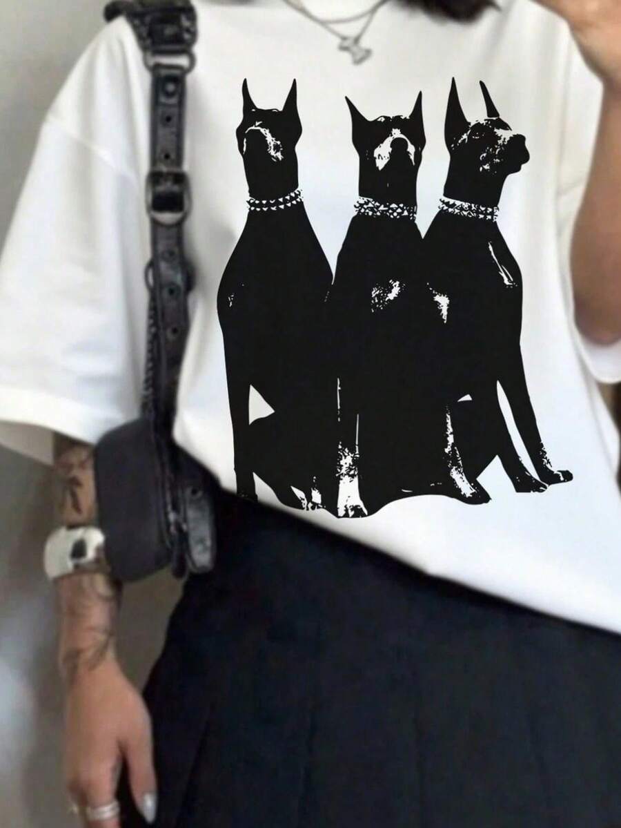 Short-Sleeved T-Shirt With Round Neck, Simple Casual Style, Print Of Three Doberman Dogs, 100% Pure Cotton, Soft And Comfortable, Urban Fashion For All Seasons, Casual Round Neck T-Shirt For Everyday Use. - 白色 - 查看 1
