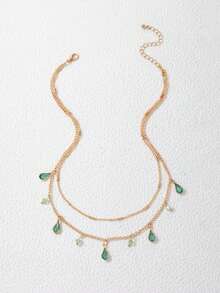 1 Collar de estilo minimalista con incrustaciones de rhinestones verdes, diseño exquisito de cadena de doble capa, perfecto para el uso diario de las mujeres - gotitas de agua - Ver 6