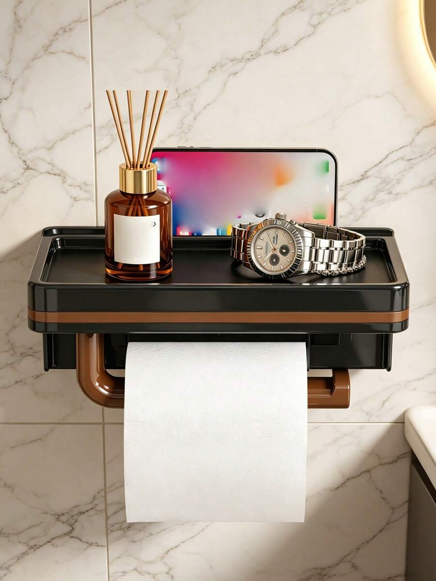 1PC Bathroom Storage Shelf - A Toilet Paper Holder Featuring An Extended Storage Platform. This Sturdy Unit Serves As Both A Mobile Phone Stand And A Storage Shelf, Specifically Designed To Hold Baby Wipes, Bath Essentials, And Various Small Necessities. An Ideal Choice For New Parents, Bathrooms, And Nurseries. - Multicolor - View 1