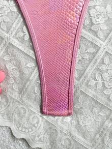 Snake Skin Print Backless Lace-Up Swimwear, Sexy Backless Thong Bikini For Beach Holiday, Summer Vacation - Hot Pink - View 6
