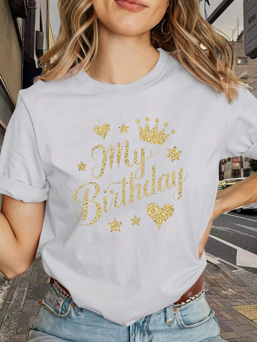 Women's Short-Sleeved T-Shirt, Comfortable And Stylish, With Custom Print "My Birthday Golden Glitter Design", Ideal For Best Friends, Loose, Casual, Fashionable, Versatile, Comfortable And Pleasant To The Touch, Round Neck T-Shirt For Women. - 白色 - 查看 1