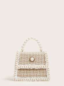 Beige Classic Tweed Mini Flap Satchel Bag, Local Delivery Inspired Designer Handbags, Luxury Bags For Women, Elegant Small Fragrance Hand Bag With Faux Pearl Trim, Pearl Beaded Top Handle Shoulder Crossbody Purse, Perfect For Spring Summer, Wedding Prom Cocktail Party, Bridal Shower, Travel Essential, College Essentials, Casual Office Daily Commute - Màu be - Xem 8