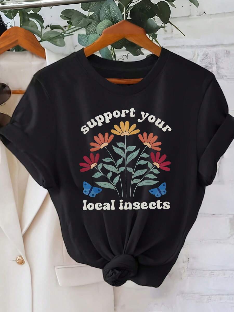 Women's Tops, Women's T-Shirts, Mother's Day, Casual Blouses For Ladies, Women's Tops, 2000s Style, Women's Floral Print T-Shirt 'Support Your Local Insects' For Outdoor Gardening Activities, Fun Style, Short Sleeve, T-Shirt With A Natural Touch. - 黑色 - 查看 1