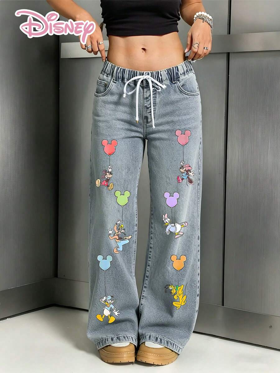 Disney Official Authorization | Women's Drawstring Straight-Leg Jeans, Decorated With Printed Patterns Of Balloon Mickey, Goofy, Donald Duck, Minnie Mouse, Daisy Duck And Pluto, All-Season Versatile Street Casual Style Outfit. - Rửa nhẹ - Xem 1