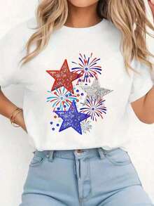1 Piece Women's White T-Shirt, American Fireworks Design With Red, White And Blue Stars, 4th Of July Style - Casual Short Sleeve Crew Neck T-Shirts For Women - Perfect For The Holiday Season And Outdoor Activities 180g 100% Cotton - 白色 - 查看 1