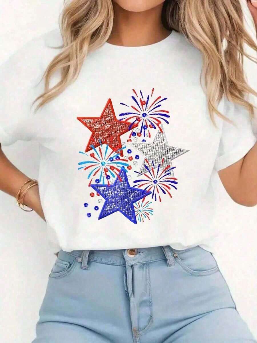 1 Piece Women's White T-Shirt, American Fireworks Design With Red, White And Blue Stars, 4th Of July Style - Casual Short Sleeve Crew Neck T-Shirts For Women - Perfect For The Holiday Season And Outdoor Activities 180g 100% Cotton - 白色 - 查看 1