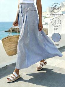 Women's Casual A-Line Skirt With Striped Front Buttons - 酒紅色 - 查看 11