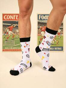 1 Pair Of Mid-Calf Socks With Soccer-Themed Prints. Sporty And Creative Socks. A Gift For Soccer Fans. - Multicolor - View 5