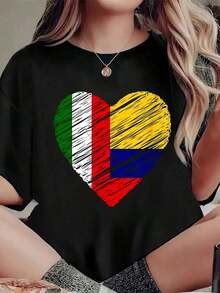 T-Shirt With A Heart Design Of Colombia And Italy, Italian Flag, Colombian Flag, Heart Of Love, Round Neck, Short Sleeve, Casual Style, For Summer. - 黑色 - 查看 6