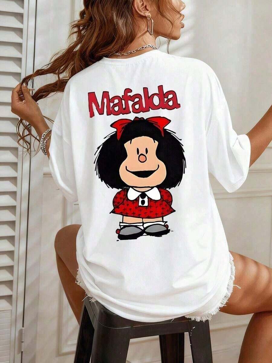 Under The Radar: The Charismatic Mafalda, With Her Distinctive Red Bow And Open Smile, Symbolizes Curiosity, Intelligence, And Profound Social Criticism-An Icon That Inspires Reflection And Fun For Those Who Value Free Thinking. Women's T-Shirt: 100% Soft, Comfortable Cotton - Vintage Street Style Unisex Loose Cotton Short Sleeve Crew Neck T-Shirt - 白色 - 查看 1