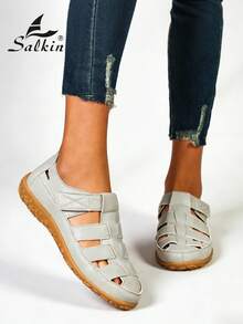Salkin Sandales d'été rétro à la mode pour femmes, sandales plates minimalistes à bout ouvert de couleur unie, confortables pour le port extérieur,  haut de gamme abordable avec un look de ballerines, convient pour l'école, les étudiants universitaires, chaussures de marche décontractées durables et antidérapantes,  doux et confortable, convient pour les jeans, les jupes, les cadeaux de vacances, le style vacances. La taille est petite, il est recommandé de commander une taille au-dessus. - Gris - Voir 3