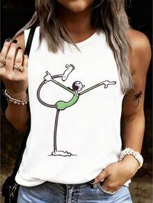 Women's Sleeveless T-Shirt With Yoga Pose Print - Breathable And Elastic T-Shirt With Yoga Asana Designs, Opaque Fabric In Gray, Green And White, Round Neck, Casual Wear For Gym, Yoga Studio, Summer Activewear, Machine Washable - 白色 - 查看 1