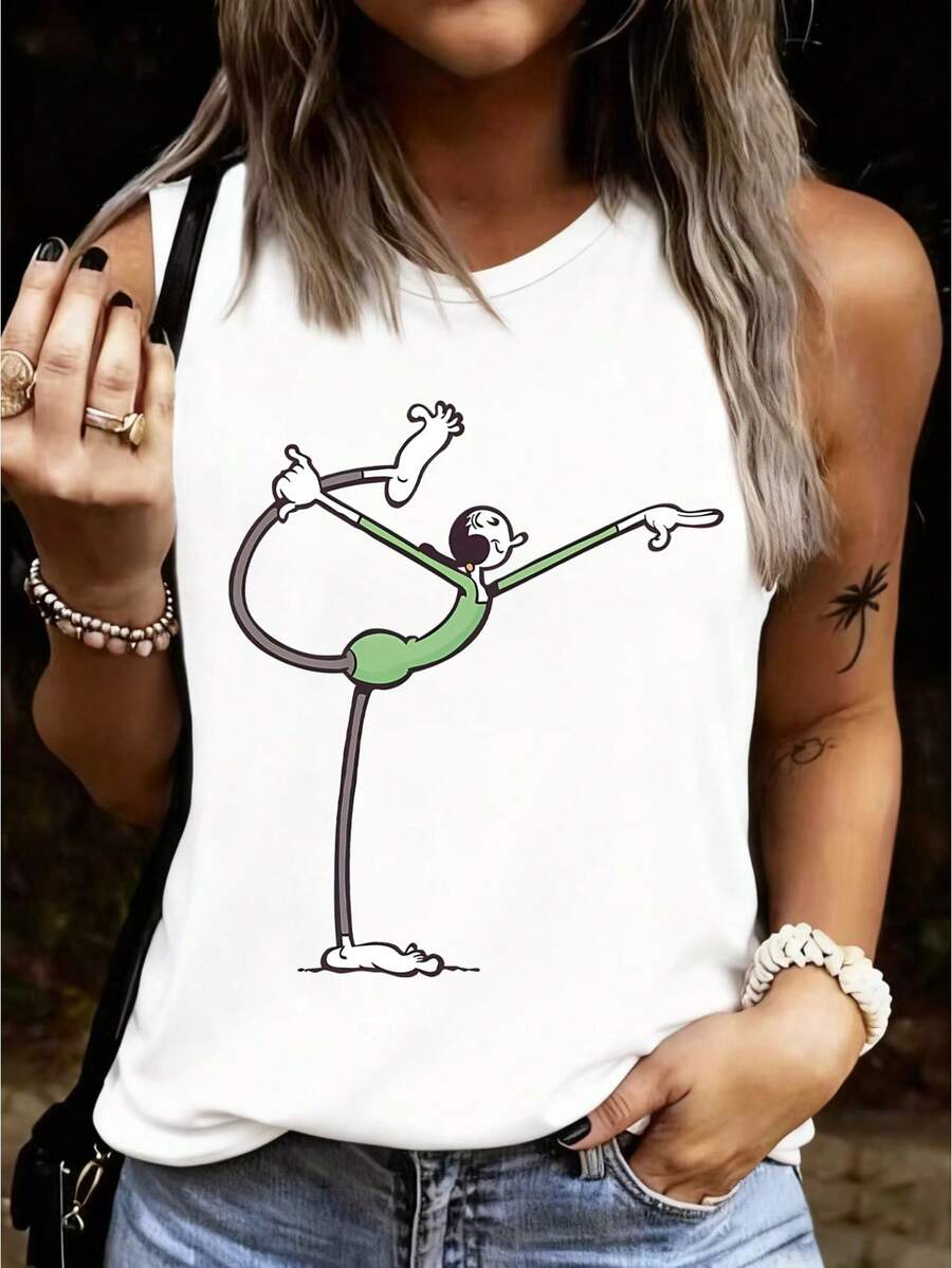 Women's Sleeveless T-Shirt With Yoga Pose Print - Breathable And Elastic T-Shirt With Yoga Asana Designs, Opaque Fabric In Gray, Green And White, Round Neck, Casual Wear For Gym, Yoga Studio, Summer Activewear, Machine Washable - 白色 - 查看 1