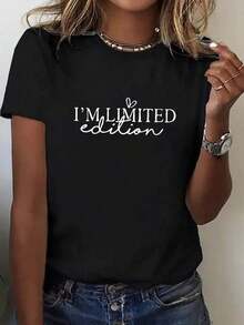 FashionNEW Women's Short Sleeve T-Shirt With 'I'M LIMITED' Letter Print - Urban Vintage Style, Unisex, Loose Fit, Cotton, Crew Neck. - 黑色 - 查看 8