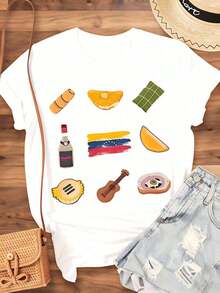 Women's Cotton T-Shirts Venezuelassss Culture Food And Music T-Shirt With Arepa Empanada Plantain Flag Rum And Guitar Design For Venezuelassssn Pride Festival Celebration And Daily Wear, Basic Women's Blouses - 白色 - 查看 3