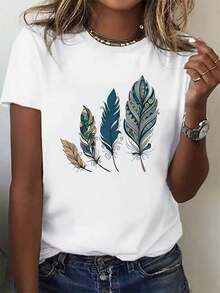 Plus Size Women's Short Sleeve T-Shirt, Modern And Minimalist Style - Elegant Print, Lightweight Fabric, Ideal For Spring, Summer And Autumn, Versatile Fashion Design And Quality Material, Printed T-Shirt, A Must-Have For Fashion Lovers, Suitable For All Seasons, Elegant Style, Casual For Everyday Wear. - 白色 - 查看 1