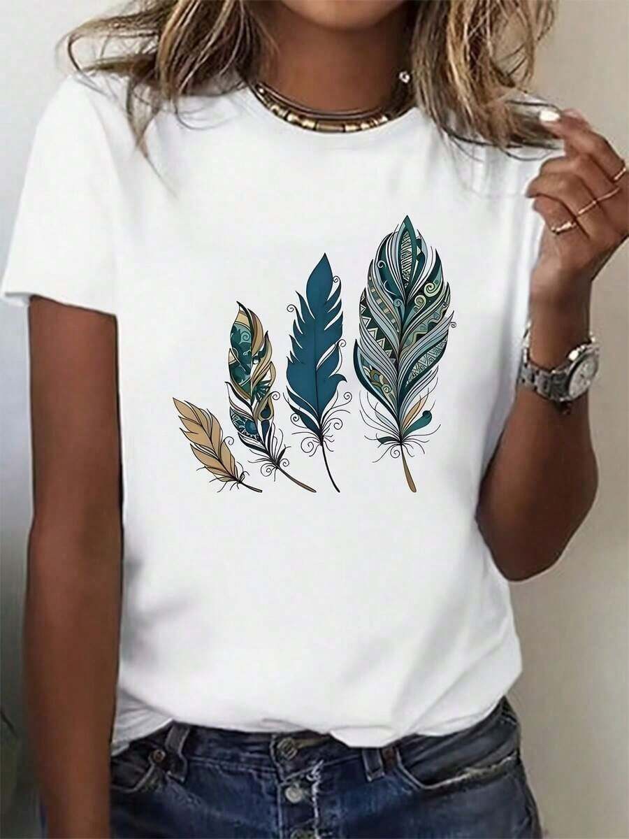 Plus Size Women's Short Sleeve T-Shirt, Modern And Minimalist Style - Elegant Print, Lightweight Fabric, Ideal For Spring, Summer And Autumn, Versatile Fashion Design And Quality Material, Printed T-Shirt, A Must-Have For Fashion Lovers, Suitable For All Seasons, Elegant Style, Casual For Everyday Wear. - 白色 - 查看 1