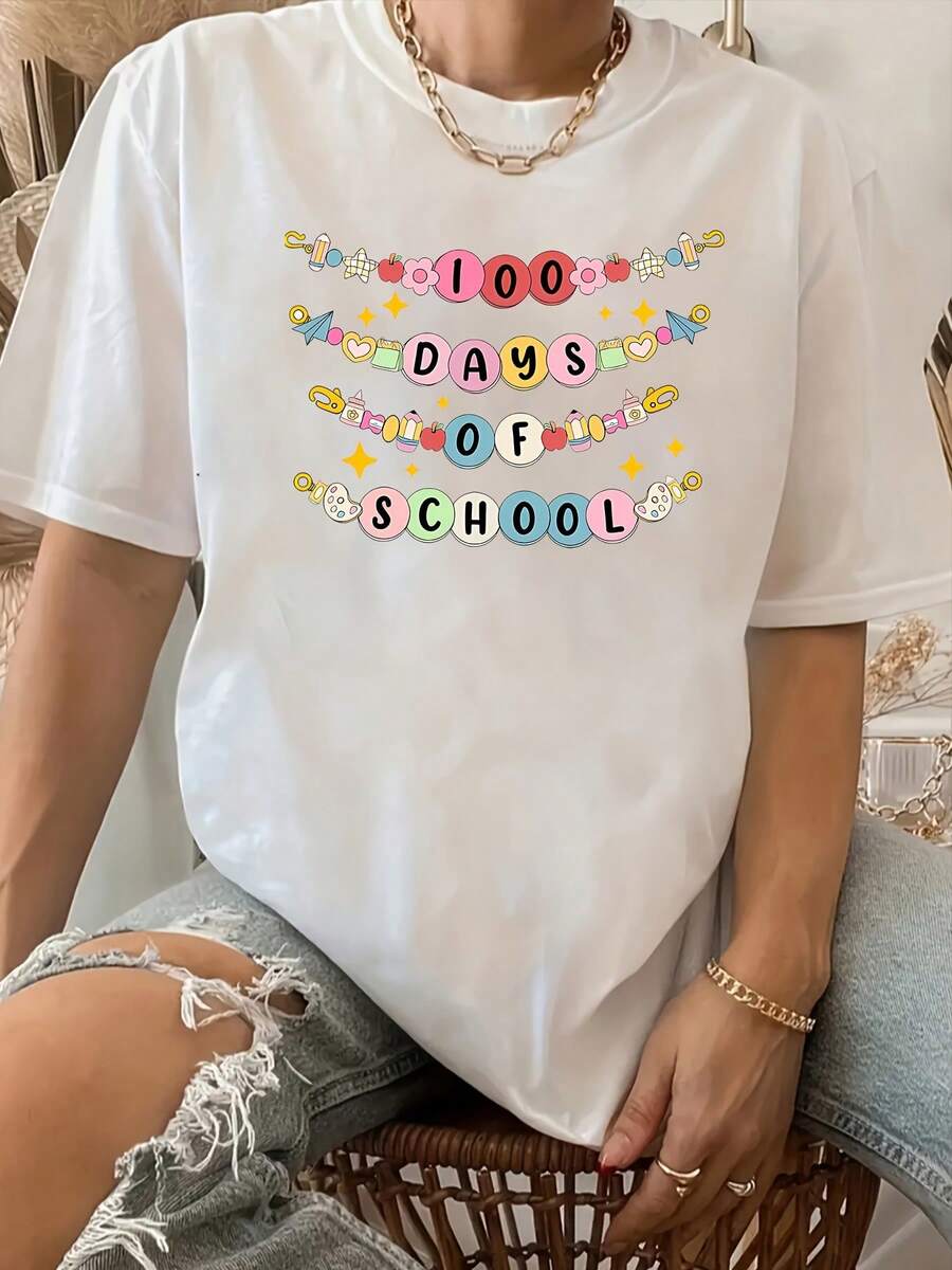 Soft, Breathable, And Lightweight For All-Day Comfort. Women's "100 Days" Letter Print T-Shirt - Features 100 Numbers From 1 To 100 And Star/Flower Designs, Short Sleeves, Crew Neck, Casual Summer Top, Machine Washable, Suitable For All Seasons And Anniversaries (Pink/Blue/Yellow/Green). Classic Crew Neck With A Relaxed Fit Flatters All Body Shapes And Is Easy To Pair With Jeans, Shorts, And Leggings. - 白色 - 查看 1