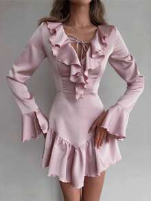Elegant Short Dress 2026 With Ruffles, Fitted V-Neck And Bow, Sweet Style For Party - Pink - View 8