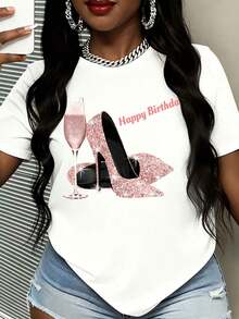 Women's Short-Sleeved T-Shirt With A Mexican Birthday Theme, Featuring A Sparkly Heel And Champagne Glass Print, And The Text "Happy Birthday" For Party Celebrations. Cotton T-Shirt, Summer Fashion. - 白色 - 查看 1
