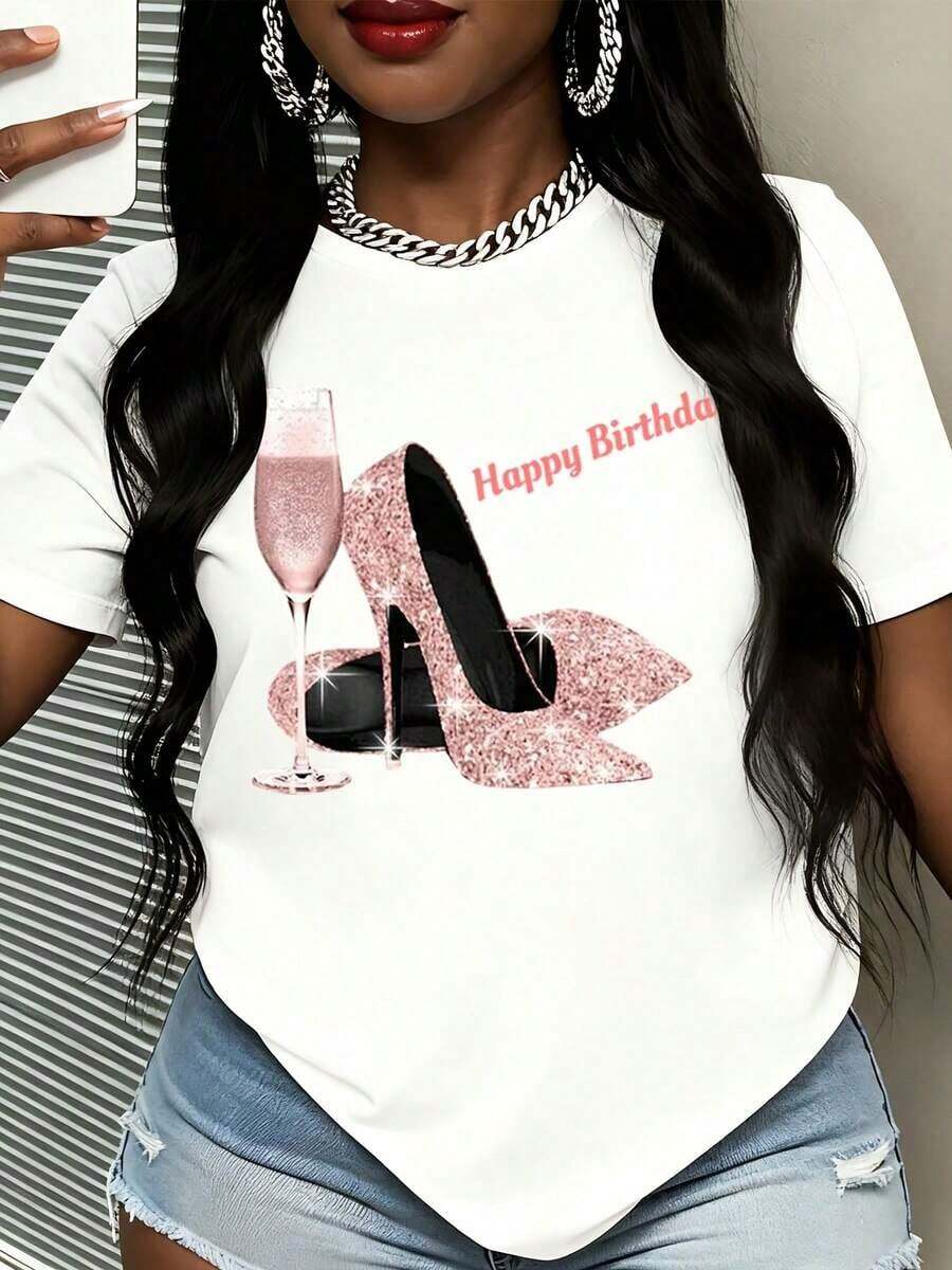 Women's Short-Sleeved T-Shirt With A Mexican Birthday Theme, Featuring A Sparkly Heel And Champagne Glass Print, And The Text "Happy Birthday" For Party Celebrations. Cotton T-Shirt, Summer Fashion. - 白色 - 查看 1
