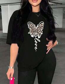 Women's Cotton Round Neck Casual T-Shirt, Short Sleeve Butterfly Print Graphic Tops For Women, 100% Cotton, Simple T-Shirt For Everyday Wear - 黑色 - 查看 1