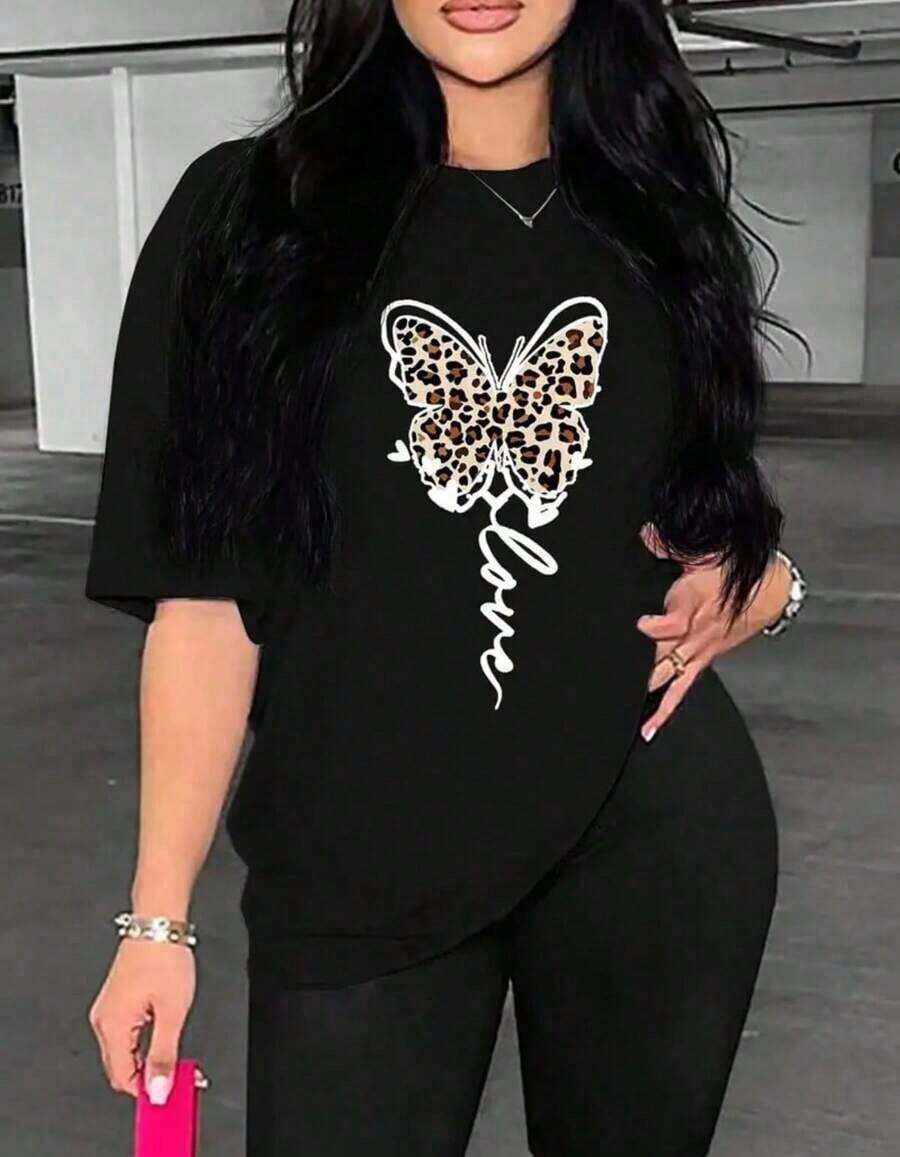 Women's Cotton Round Neck Casual T-Shirt, Short Sleeve Butterfly Print Graphic Tops For Women, 100% Cotton, Simple T-Shirt For Everyday Wear - 黑色 - 查看 1