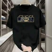 New Luxury Brand Letter Print T-Shirt For Men, Pure Cotton Short Sleeve Crew Neck T-Shirt, Men's Streetwear - 黑色 - 查看 1