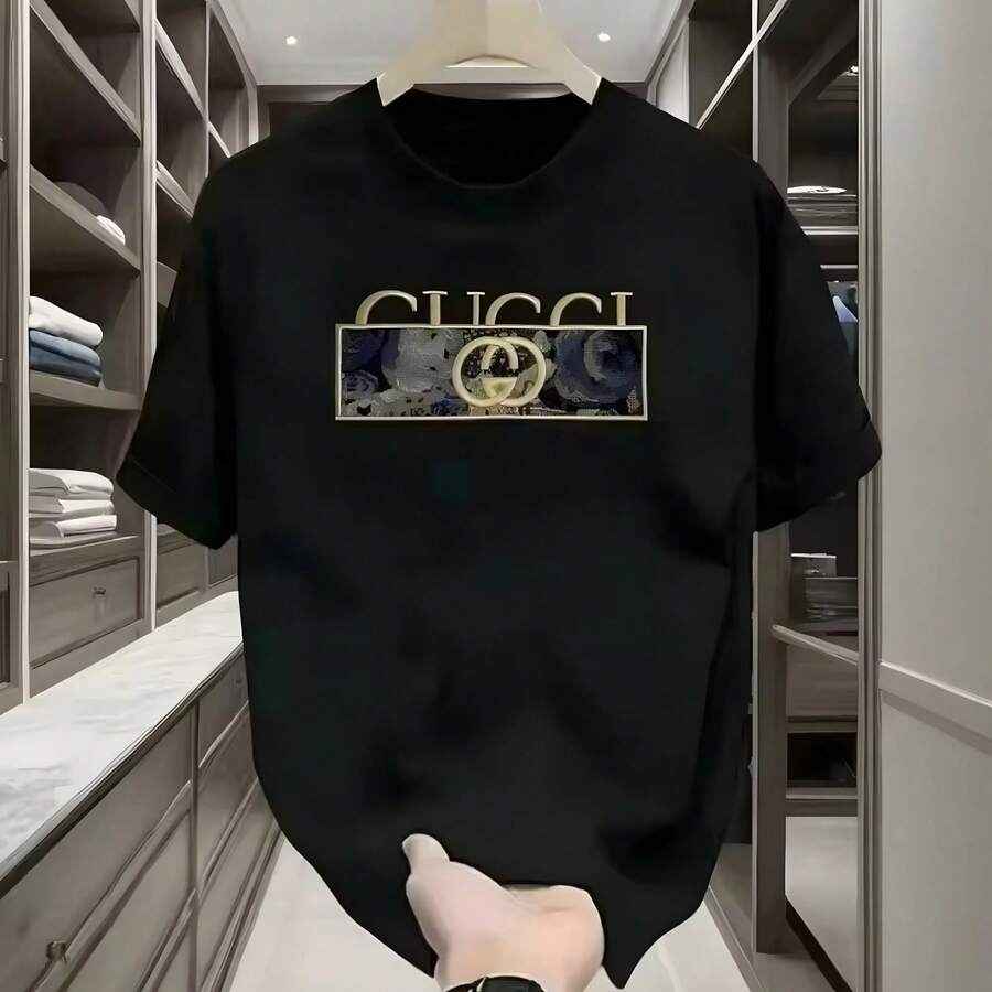 New Luxury Brand Letter Print T-Shirt For Men, Pure Cotton Short Sleeve Crew Neck T-Shirt, Men's Streetwear - 黑色 - 查看 1