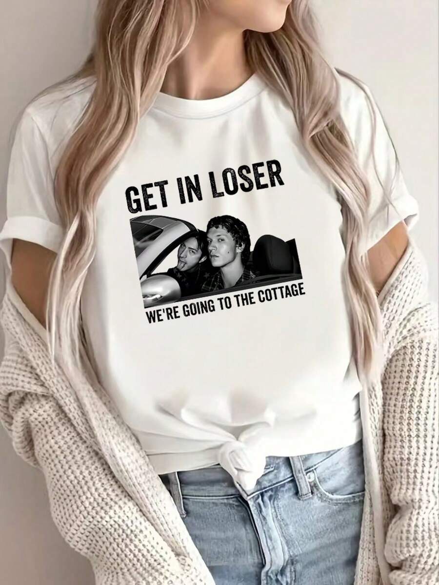 Casual T-Shirt: A T-Shirt With A Design That Combines Popular Memes And Movie Characters-A Stylish And Casual Short-Sleeved Blouse For Women, Made Of Soft Fabric With A Relaxed Fit, A Must-Have For All Fashion Enthusiasts. 100% Cotton. Durable. - 白色 - 查看 1