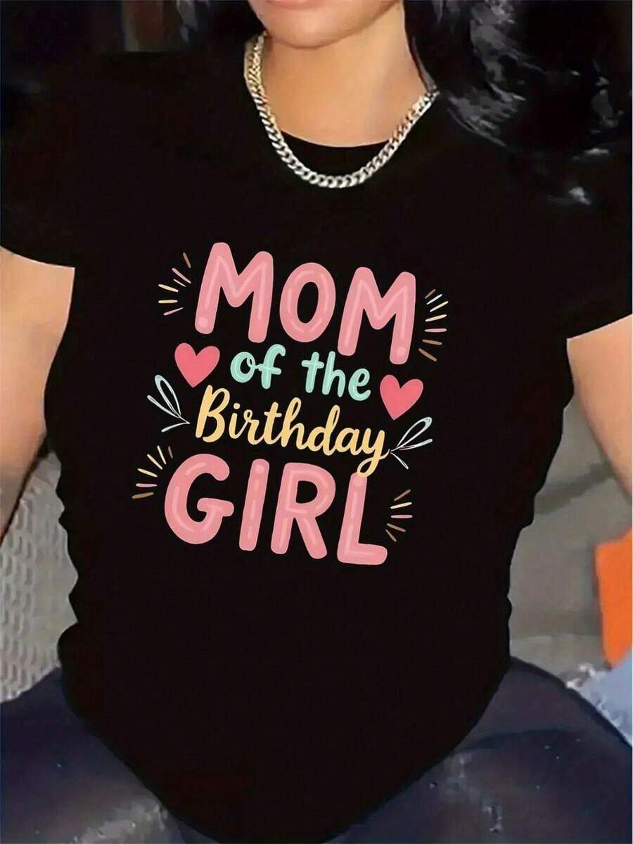 Polyester Short-Sleeved T-Shirt For The Mother Of The Celebrant, Ideal For Parties, Durable, Comfortable, Perfect For Indoor And Outdoor Use, Elegant Design With Heart Details. - 黑色 - 查看 1