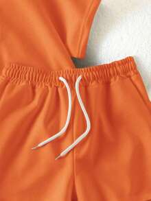 Conjunto casual diario de top de manga corta de cuello redondo de unicolor y shorts con cordón en la cintura para mujer - Naranja - Ver 3