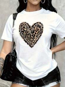 Graphic Print T-Shirt With Love, Leopard, Spring And Summer Design, Short Sleeves, Round Neck, Casual Top For Summer And Spring, Women's Clothing, 100% Cotton, Women's T-Shirts - 白色 - 查看 1