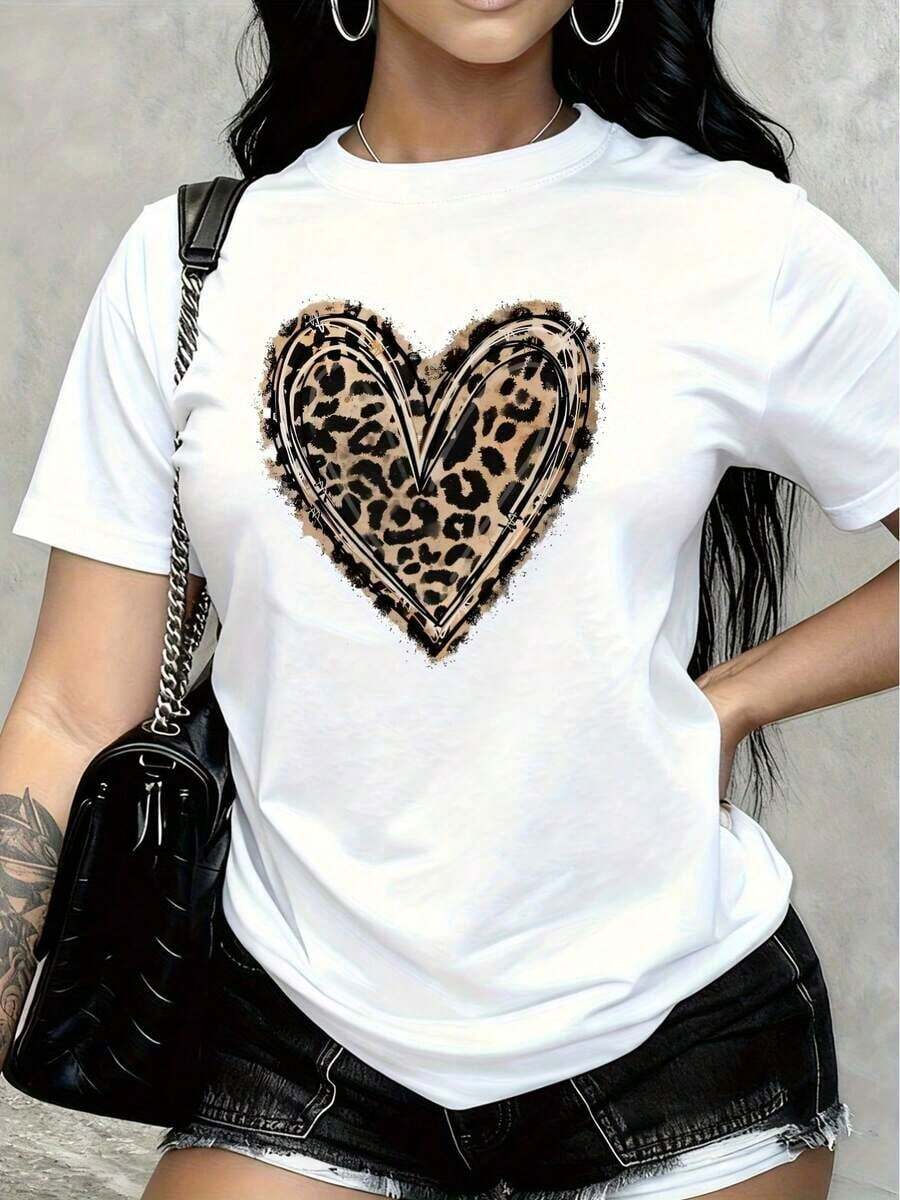 Graphic Print T-Shirt With Love, Leopard, Spring And Summer Design, Short Sleeves, Round Neck, Casual Top For Summer And Spring, Women's Clothing, 100% Cotton, Women's T-Shirts - 白色 - 查看 1