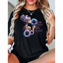 Floral And Geometric Print Crew Neck T-Shirt - Casual Short Sleeve Top With The Inspirational Quote "Illuminate Yourself", Breathable H-Shaped For Everyday Wear, Shirts, All-Season Fabric - [] - 查看 5
