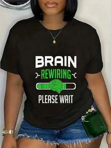 Women's "Y2K Brain Survivor" T-Shirt - High Elasticity/Acrylic Blend, Brain Design And "Brain Reprogramming" Slogan, H-Fit Crew Neck, Short Sleeves, Machine Washable, Casual T-Shirt, Suitable For Brain Injury And Cancer Survivors, Promotional Clothing, Support Clothing. Women's Blouses > Clothing - 黑色 - 查看 1