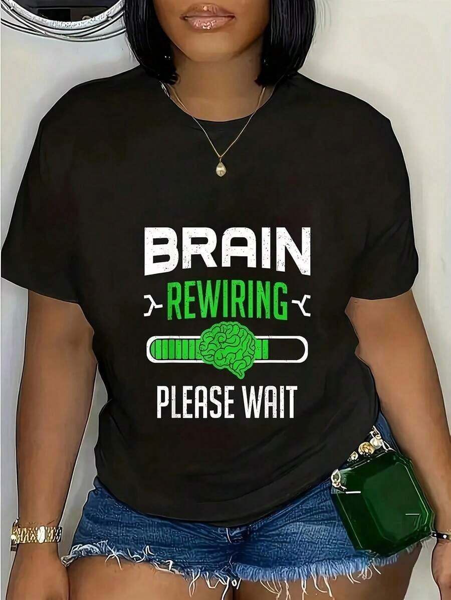 Women's "Y2K Brain Survivor" T-Shirt - High Elasticity/Acrylic Blend, Brain Design And "Brain Reprogramming" Slogan, H-Fit Crew Neck, Short Sleeves, Machine Washable, Casual T-Shirt, Suitable For Brain Injury And Cancer Survivors, Promotional Clothing, Support Clothing. Women's Blouses > Clothing - 黑色 - 查看 1