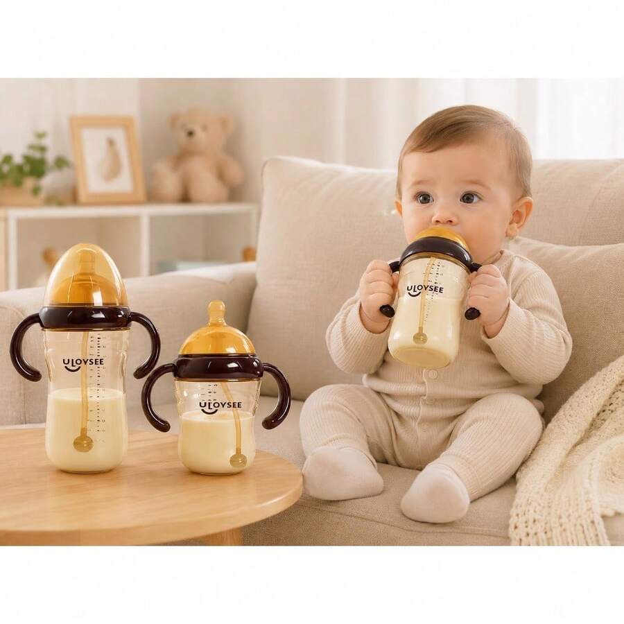 Tapusen 2026新款PPSU寬口餵奶瓶,適用於新生兒與嬰兒,8oz/10oz,仿真乳頭,防脹氣,附手把便攜式嬰兒杯,防漏,適用於奶粉、水、果汁,輕巧且可重複使用,適合旅行、戶外與居家使用 - 彩色 - 查看 1