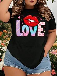 Women's Plus Size T-Shirt With Lips, Heart And Flowers Print, Cute And Romantic Valentine's Day Casual Summer Wear - 黑色 - 查看 1