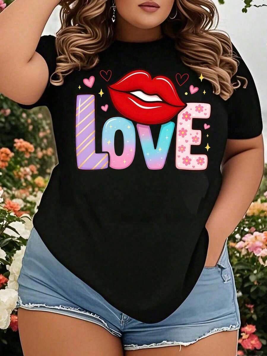 Women's Plus Size T-Shirt With Lips, Heart And Flowers Print, Cute And Romantic Valentine's Day Casual Summer Wear - 黑色 - 查看 1
