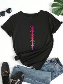 Women's T-Shirts, Short Sleeve, Women's Short Sleeve T-Shirt With Round Neck, Summer Clothes For Ladies, Women's Spring And Summer Round Neck T-Shirt, Women's Clothing, Printed T-Shirt - 黑色 - 查看 2