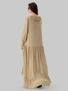 Vestido largo cuello V con volantes y manga acampanada, estilo vacacional primavera verano 2026 - Caqui - Ver 7