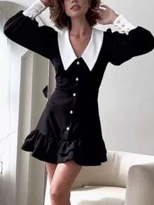 Two-Tone Dress With Lapel Collar And Buttons, Sweet Elegant Style Spring 2026 - Black - View 2