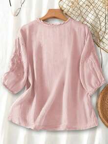 Blusa ligera y holgada de viscosa con bordado retro para mujer, para primavera y verano, casual, estilo campestre, tops de verano - Rosa Pálido - Ver 2